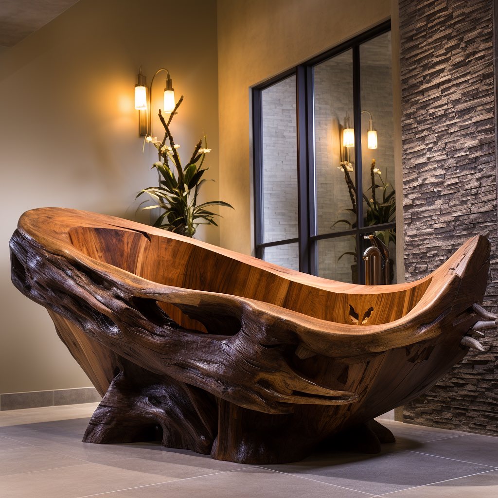 Arched live organic wood bathtub spa like bathroom