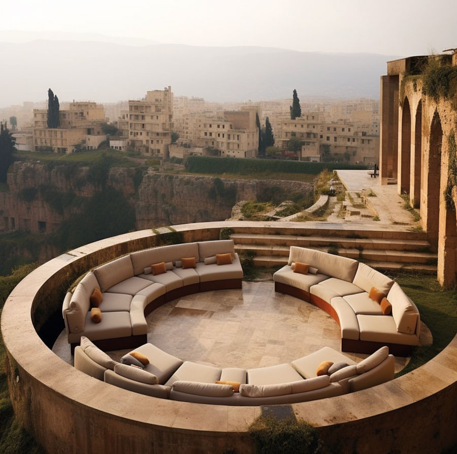 Circular outdoor seating overlooking cliffisde