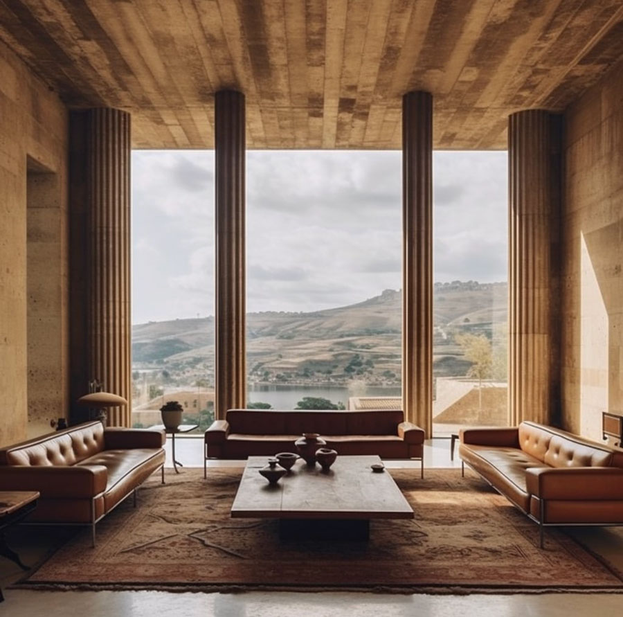 living room design, pillars overlooking countryside view