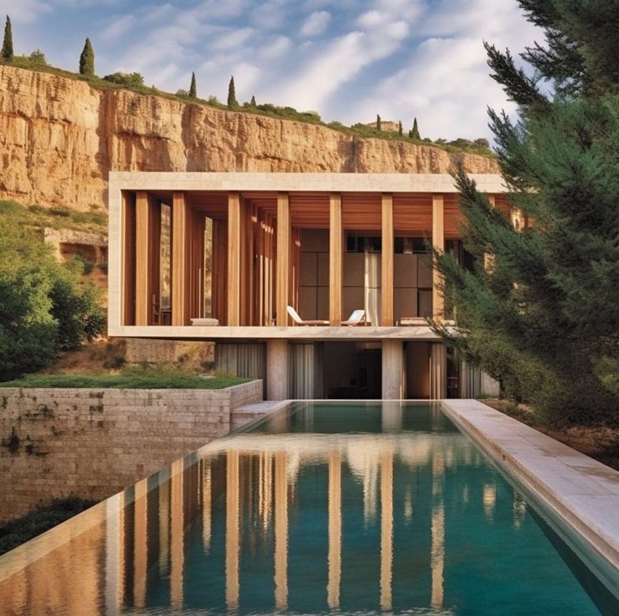 Long rectangular Pool with Pillars overlooking view