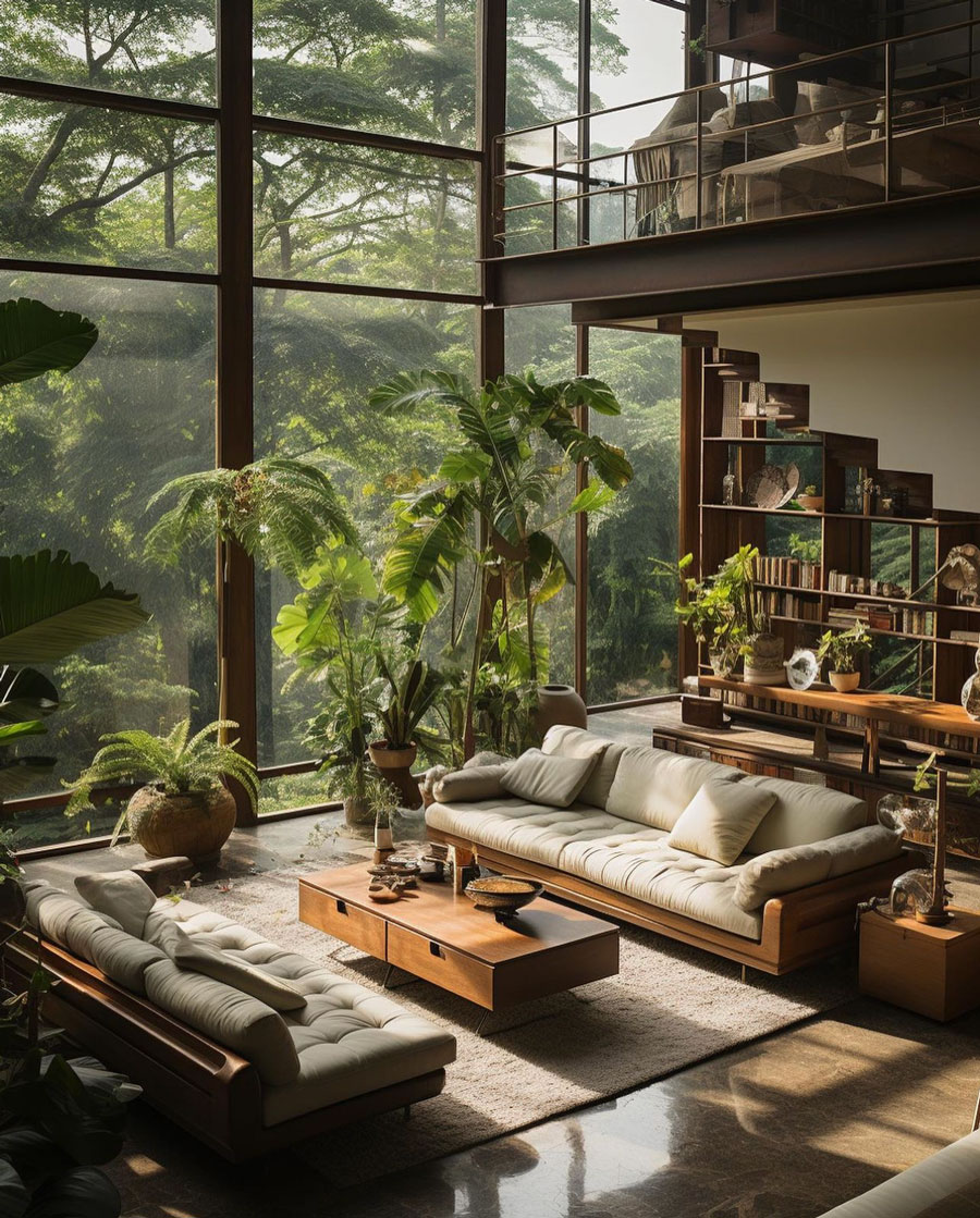 Large high ceiling living room with plants and natural wood furniture