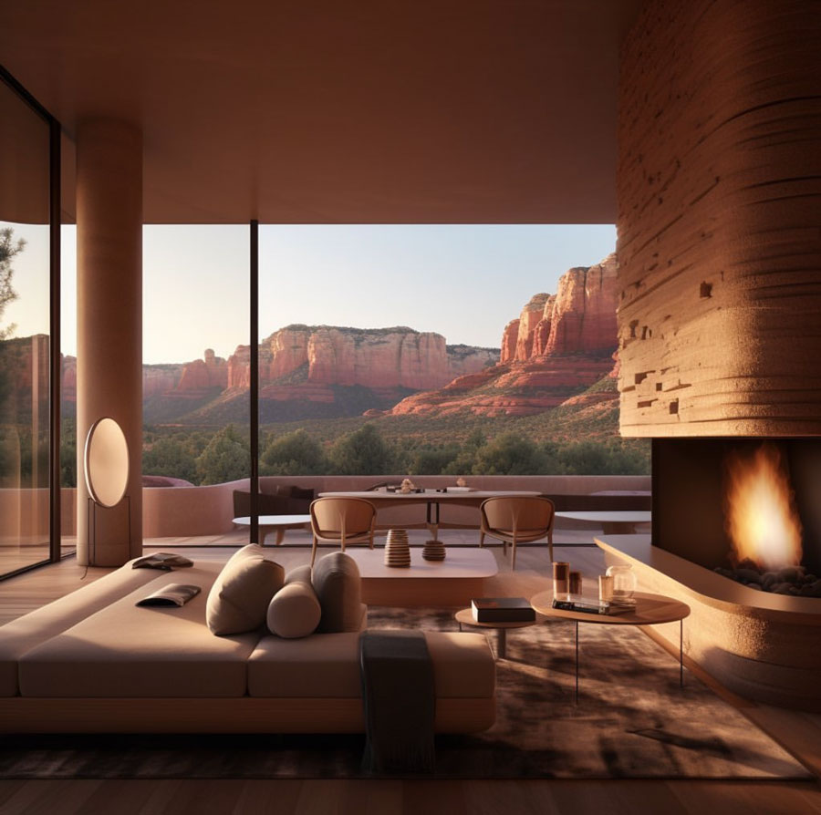 Living room overlooking dessert cliffs