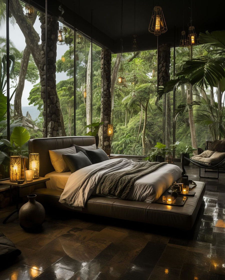 Master bedroom surrounded by lush jungle