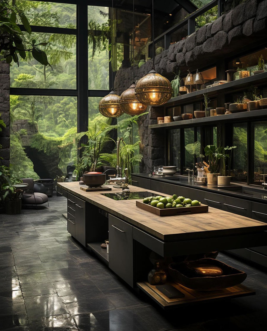 Natural wood top kitchen with dark stone walls