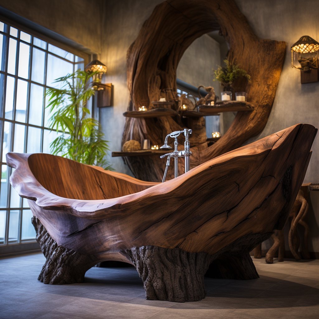 Organic wood live edge bathtub with wood pillar legs