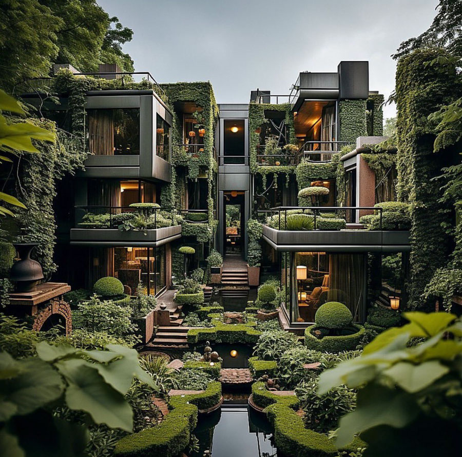 Home Exterior covered in trees and plants