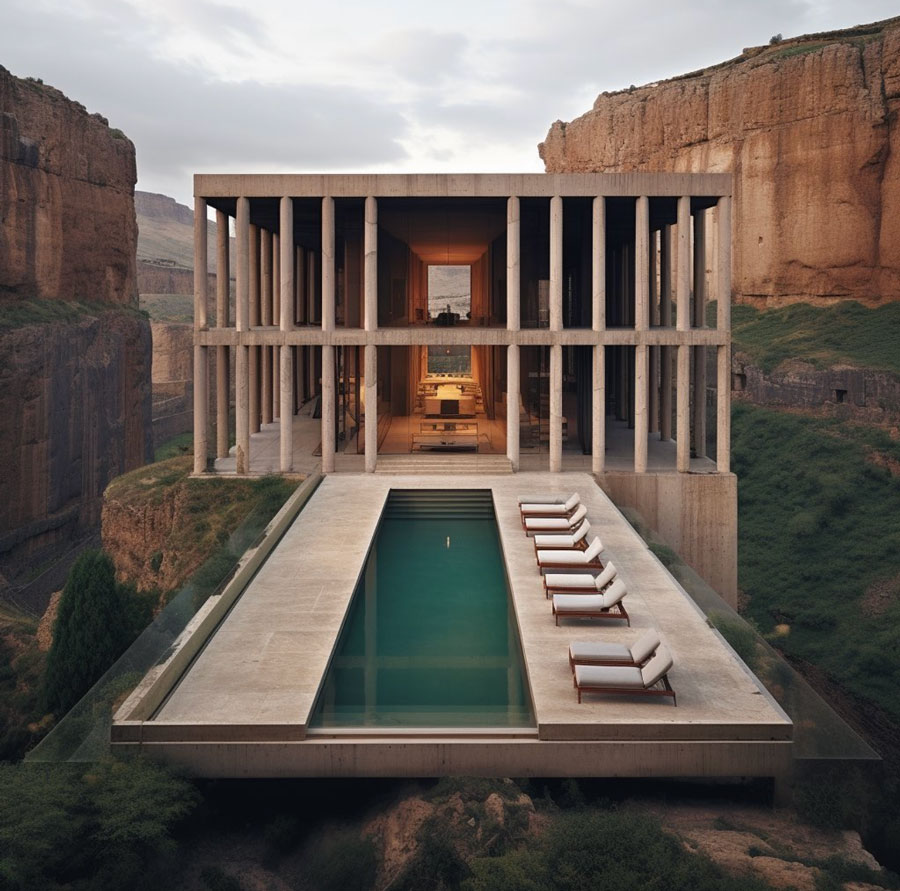 Home exterior view, lounge area, patio poolside cliffside dropoff