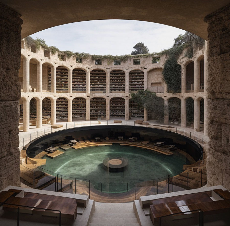 Roman-inspired library and center bath pool