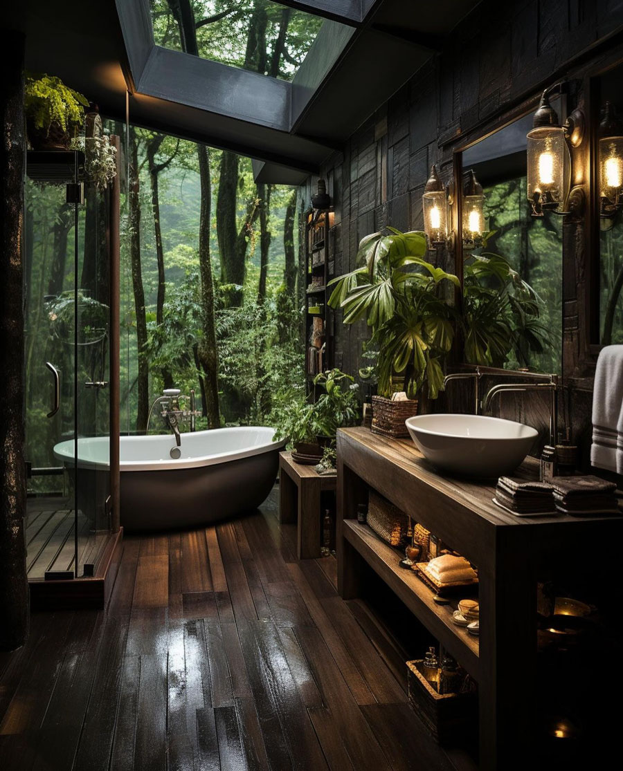 Spa like bathroom surrounded by green plants and natural lighting