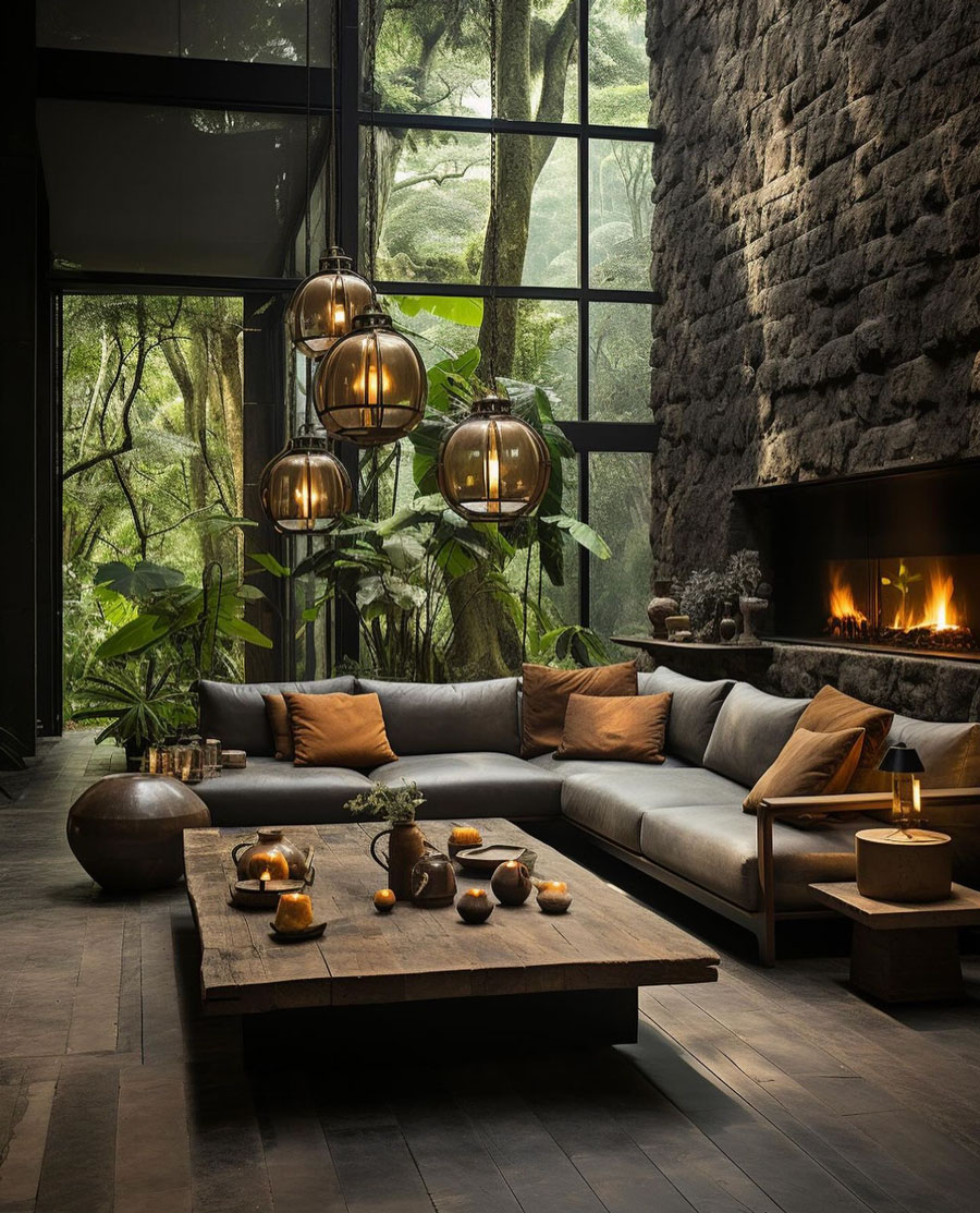 Stone walled living room with circular lantern lighting