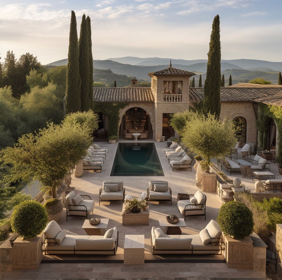 Tuscan countryside home exterior view, small swimming pool retreat
