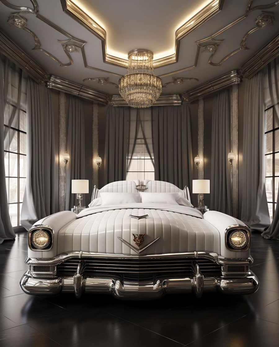 White classic car inspired bed frame