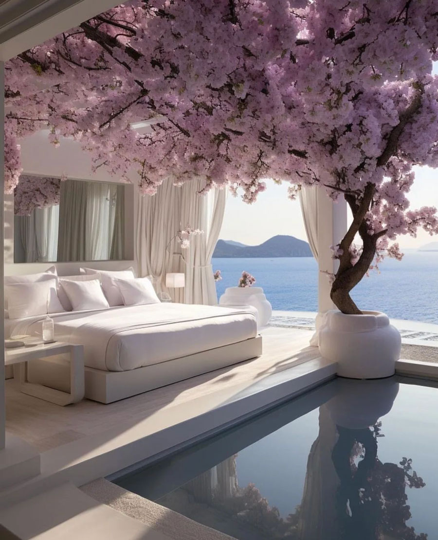 all white bedroom overlooking coast with large indoor tree