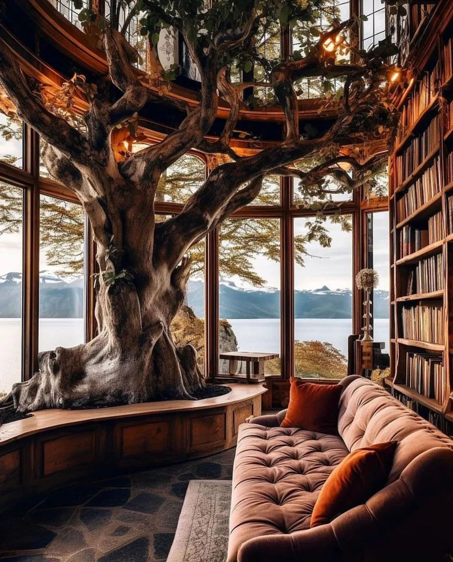 Large couch, orange pillows, tree in wall design