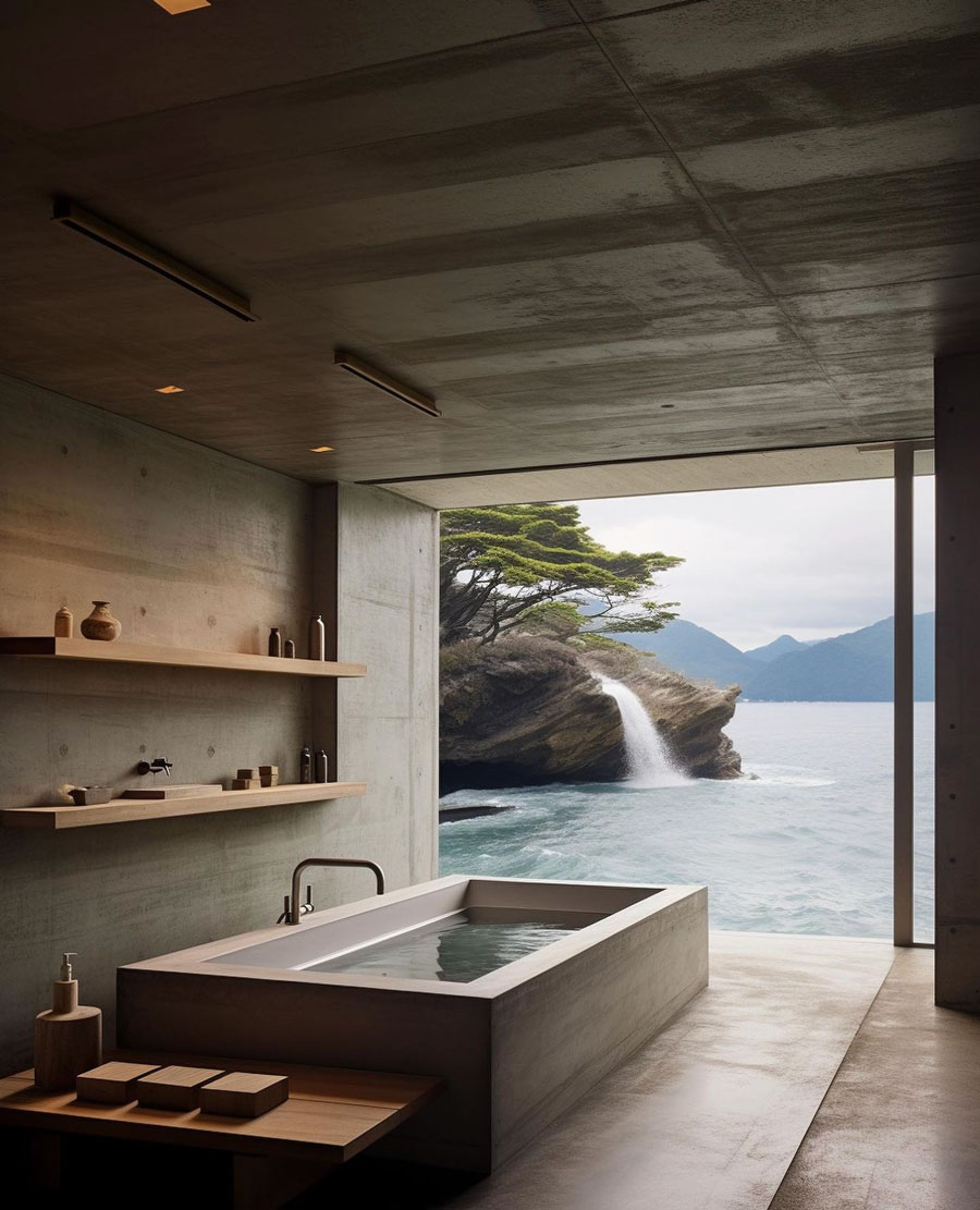 spa bathroom, concrete floors, square shaped tub, small bench