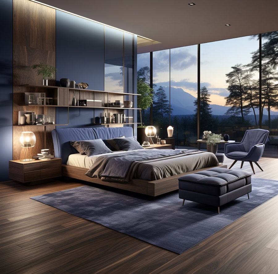 beautiful blue purple colored bedroom overlooking the mountains