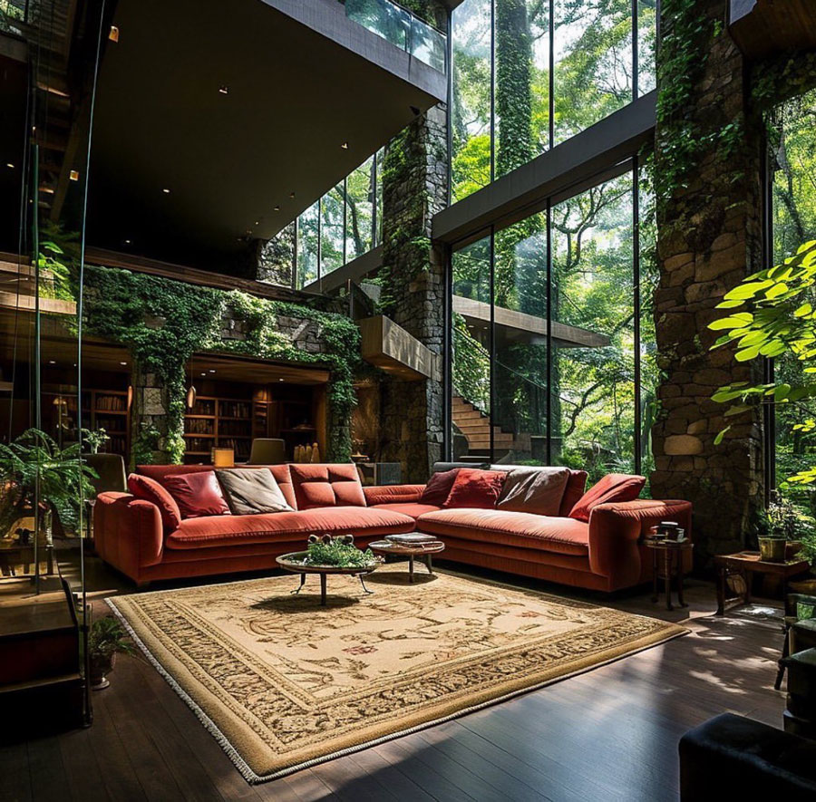 beautiful red couches in rain forest home