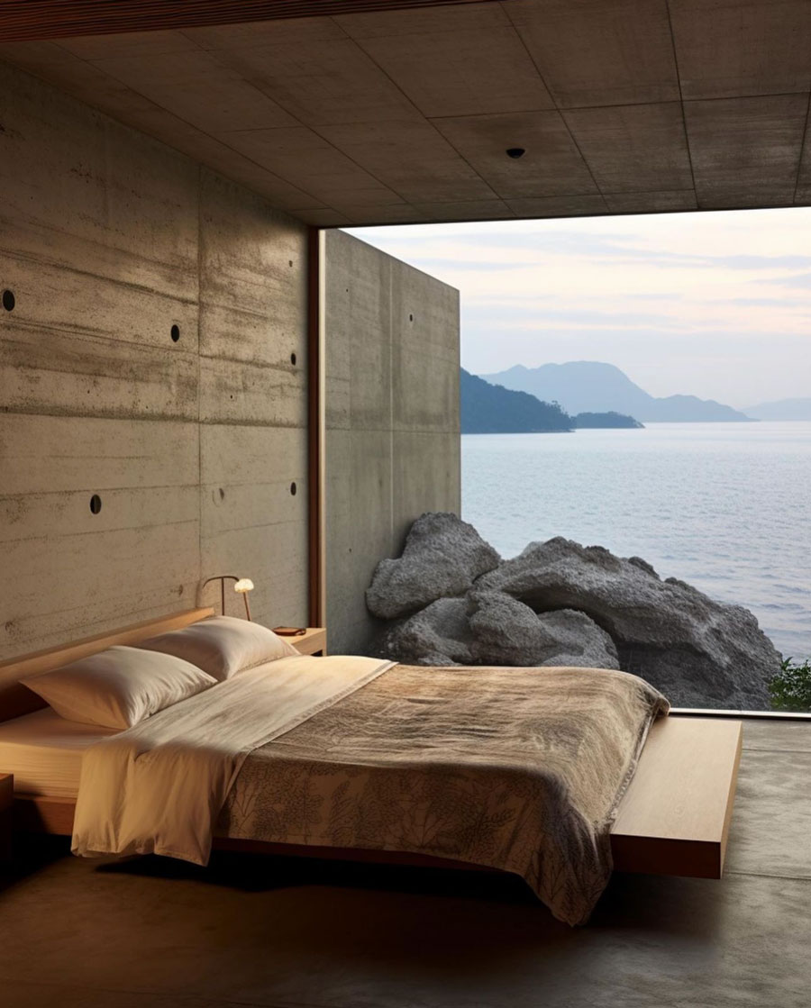 master bedroom, low set bed, ocean views