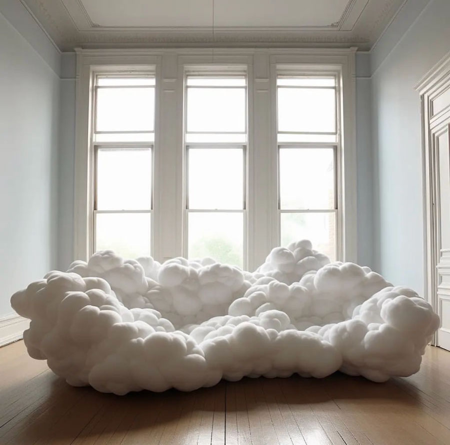 cloud shaped couch in small natural light living room