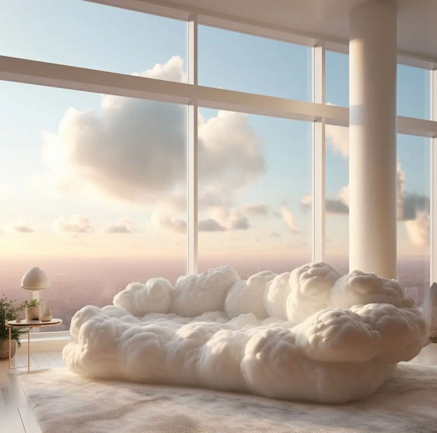 cloud shaped couch with a view