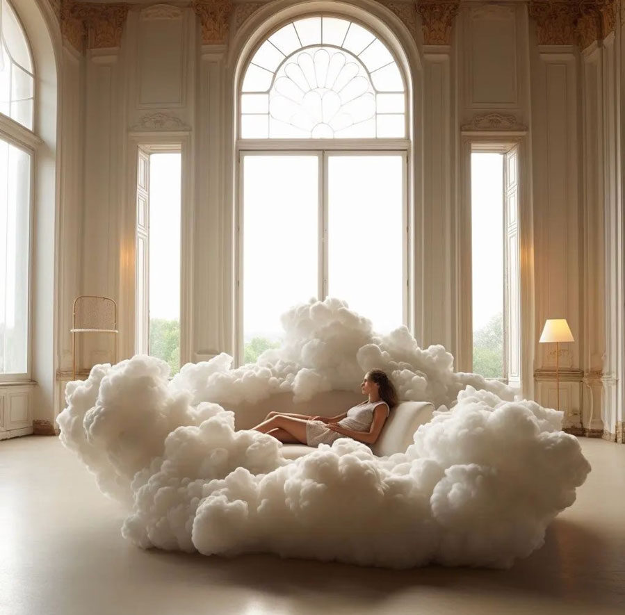 cloud shaped couch surrounded by clouds