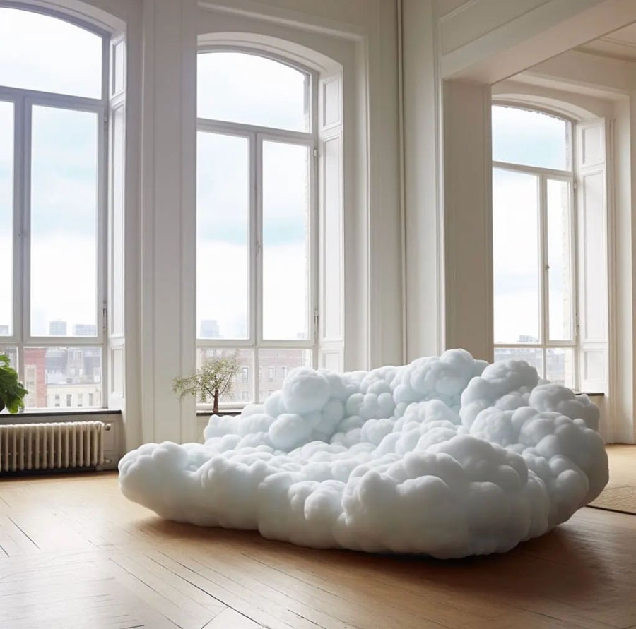 cloud shaped sofa in large apartment with tall windows