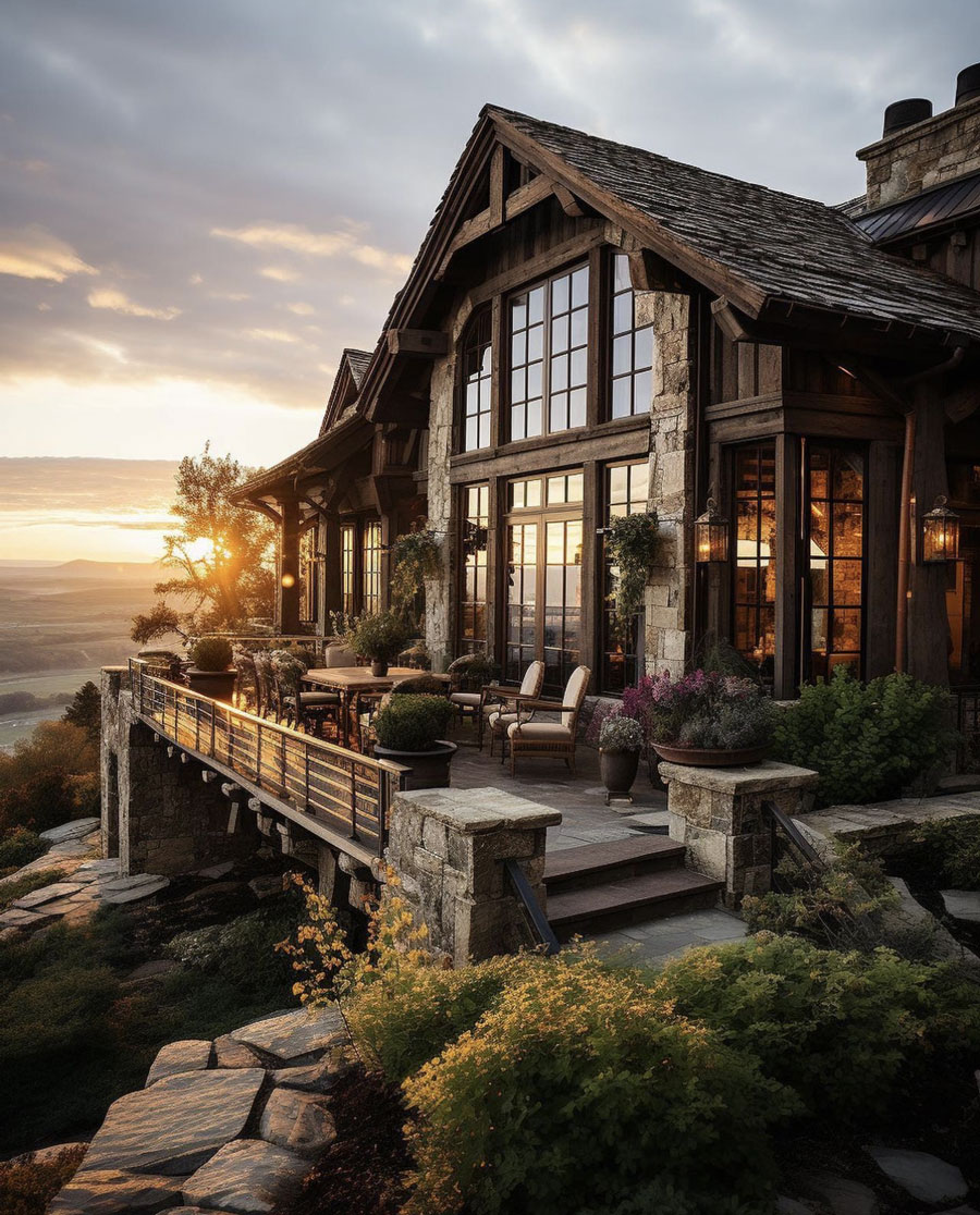 sunset, outdoor view of nature, large patio seating area