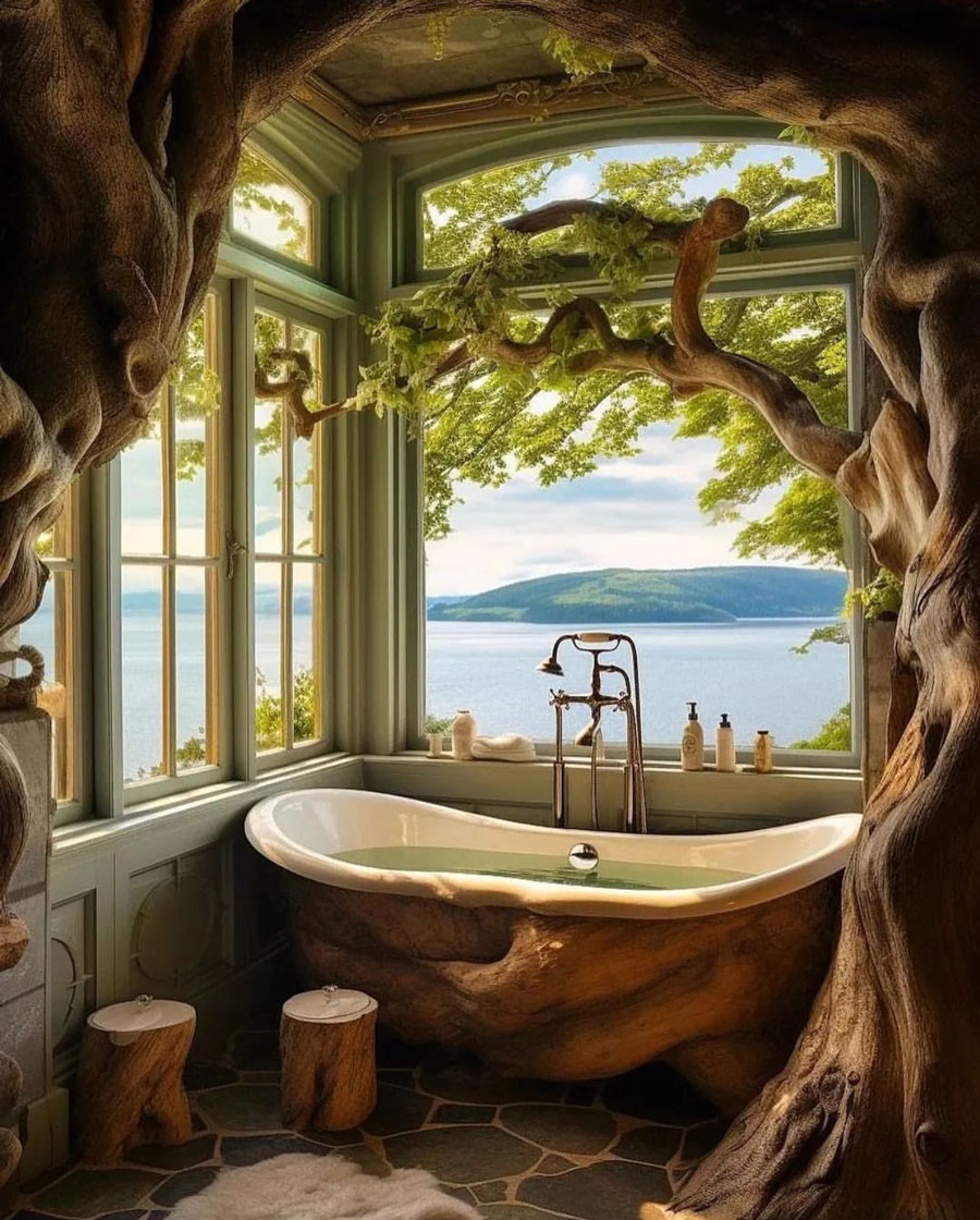 wood base tub with stools, overlooking outdoor nature water lake