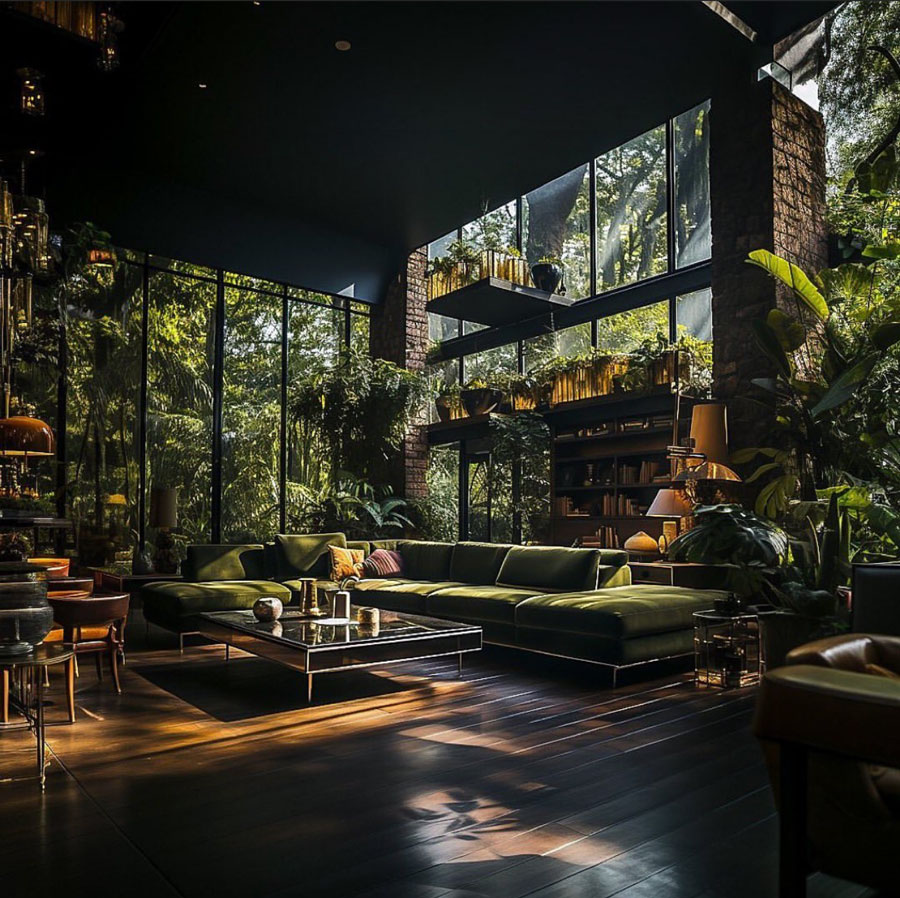 dark green couches in rain forest home