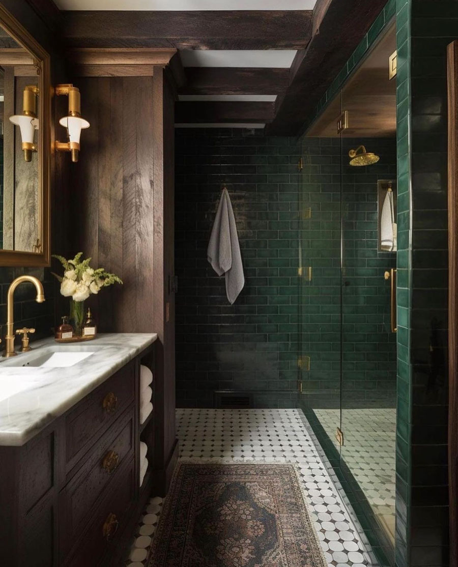 dark green tile with wood accent bathroom