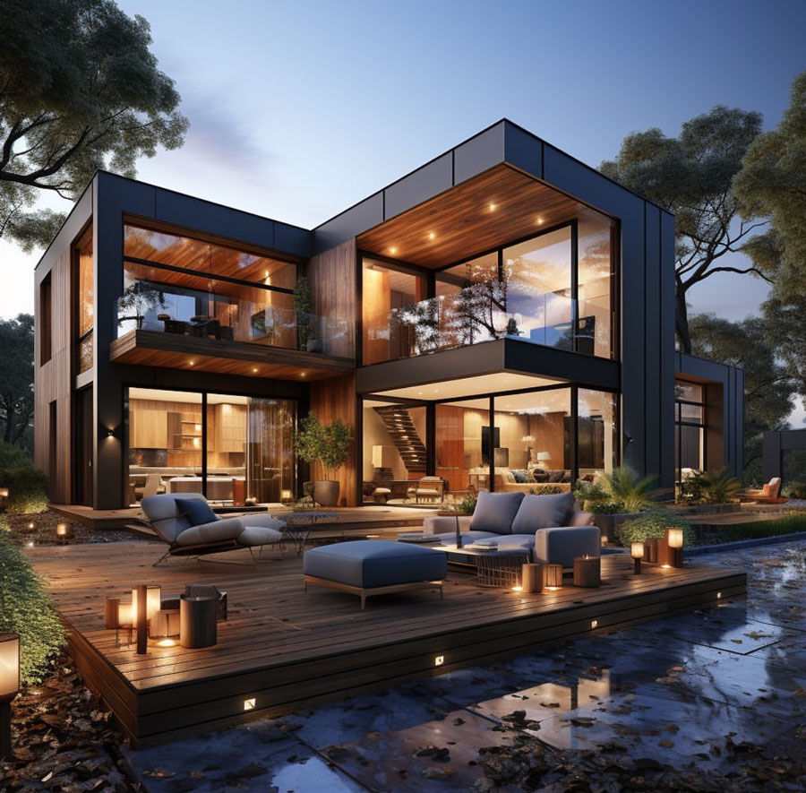 patio furniture surrounded by candle light, wood deck with stone and water feature