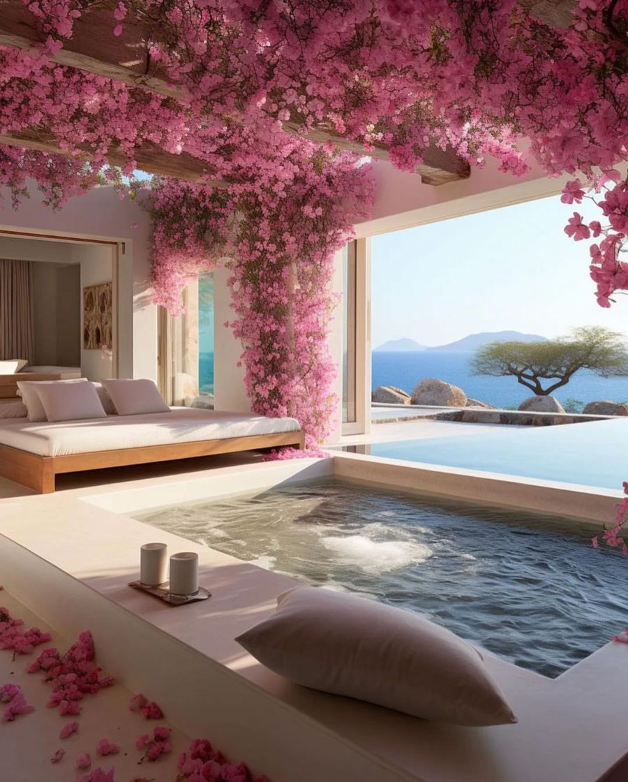 dream home bedroom with natural flowers on walls and ceilings