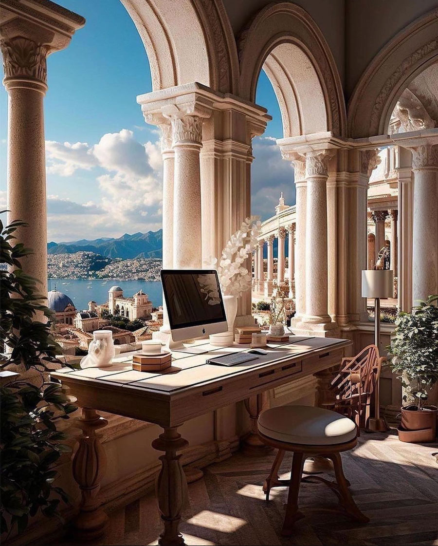 dream home office in open air room lake