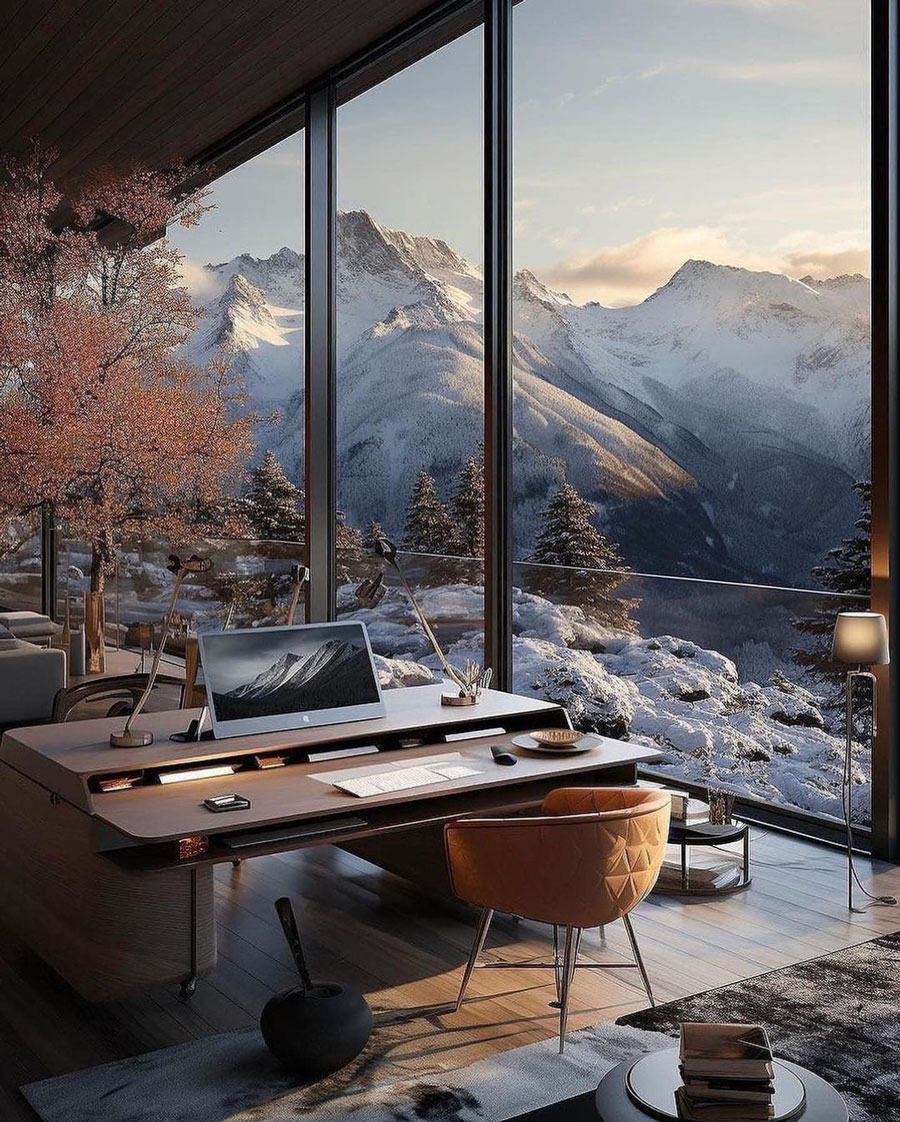 wood desk with half round chair, computer screen, mountains in deistance