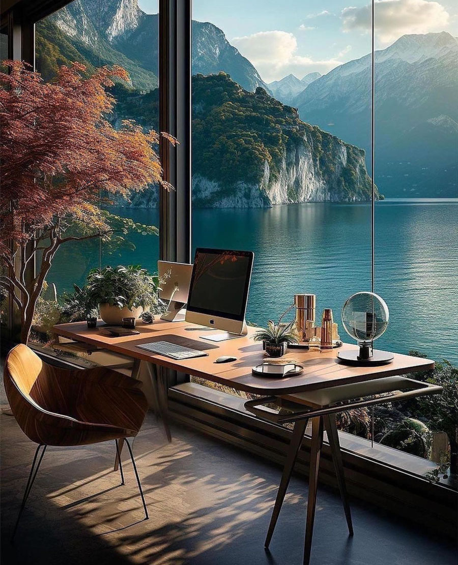 lake side home, small home office with wood desk overlooking water