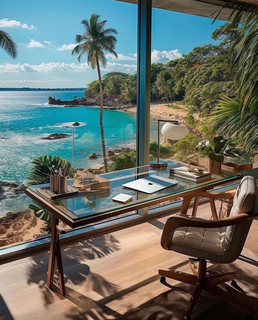 Office near window overlooking beach below