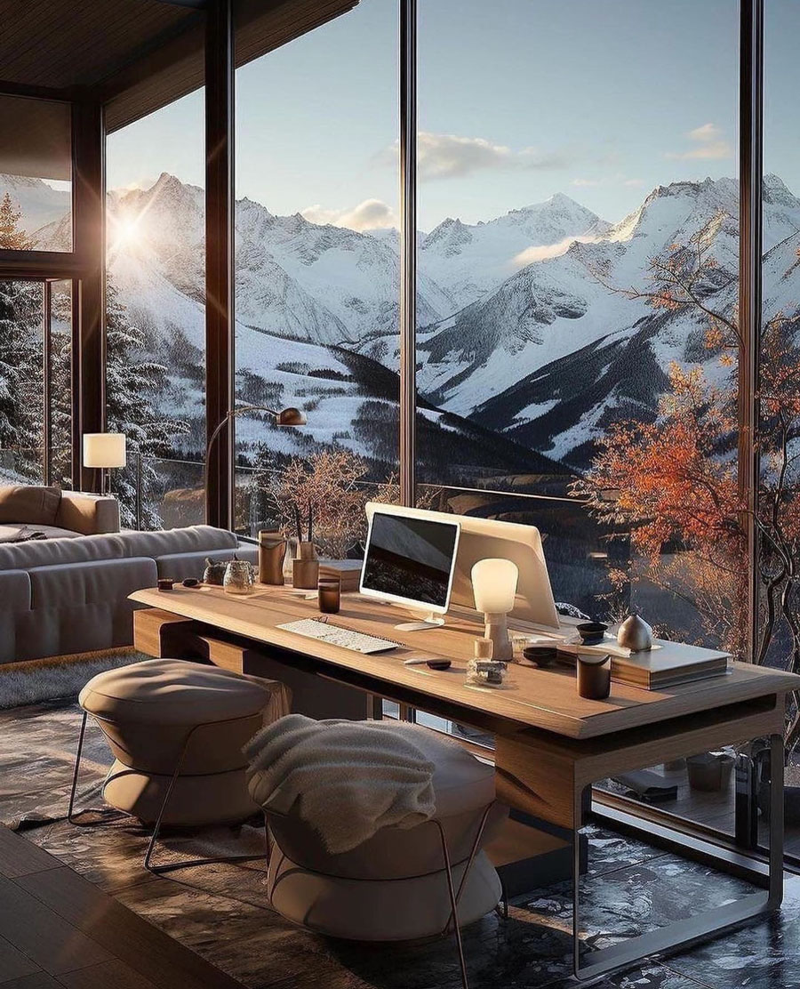 dream home office with mountains of snow