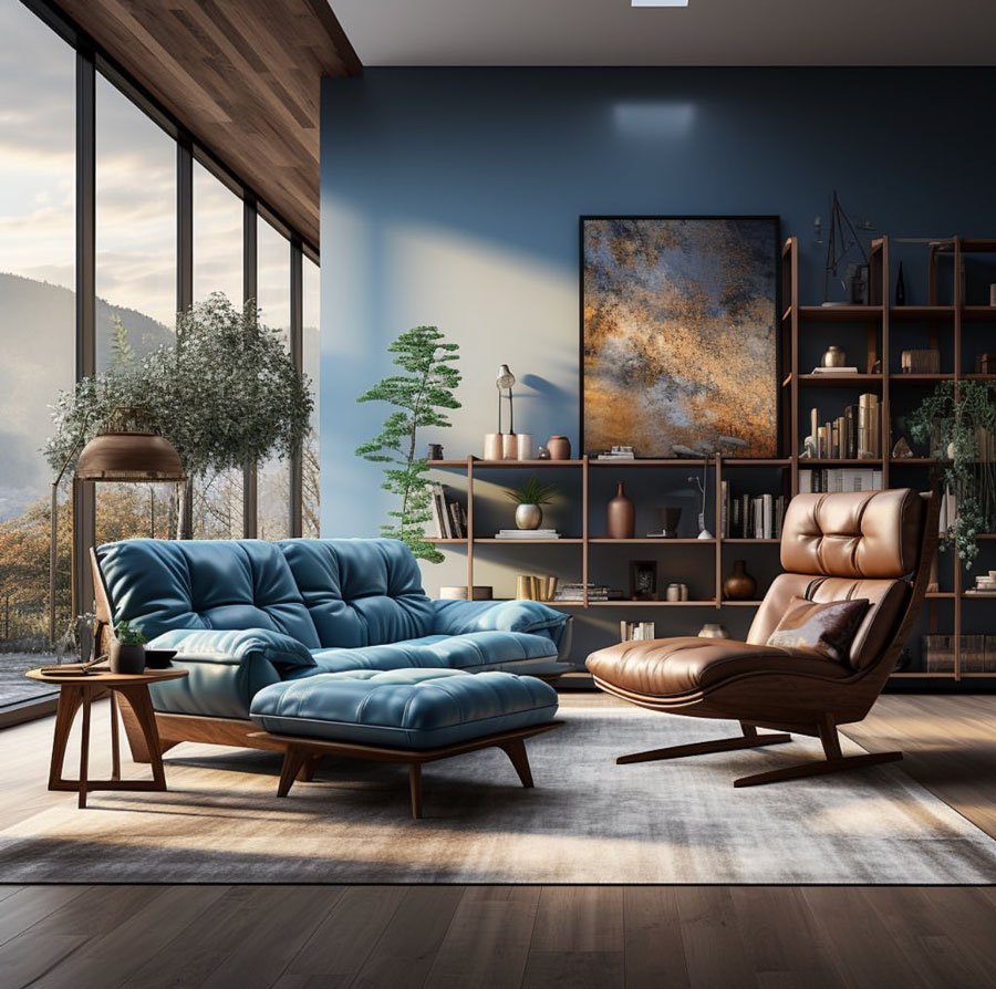 blue couches and love seat with wood shelves