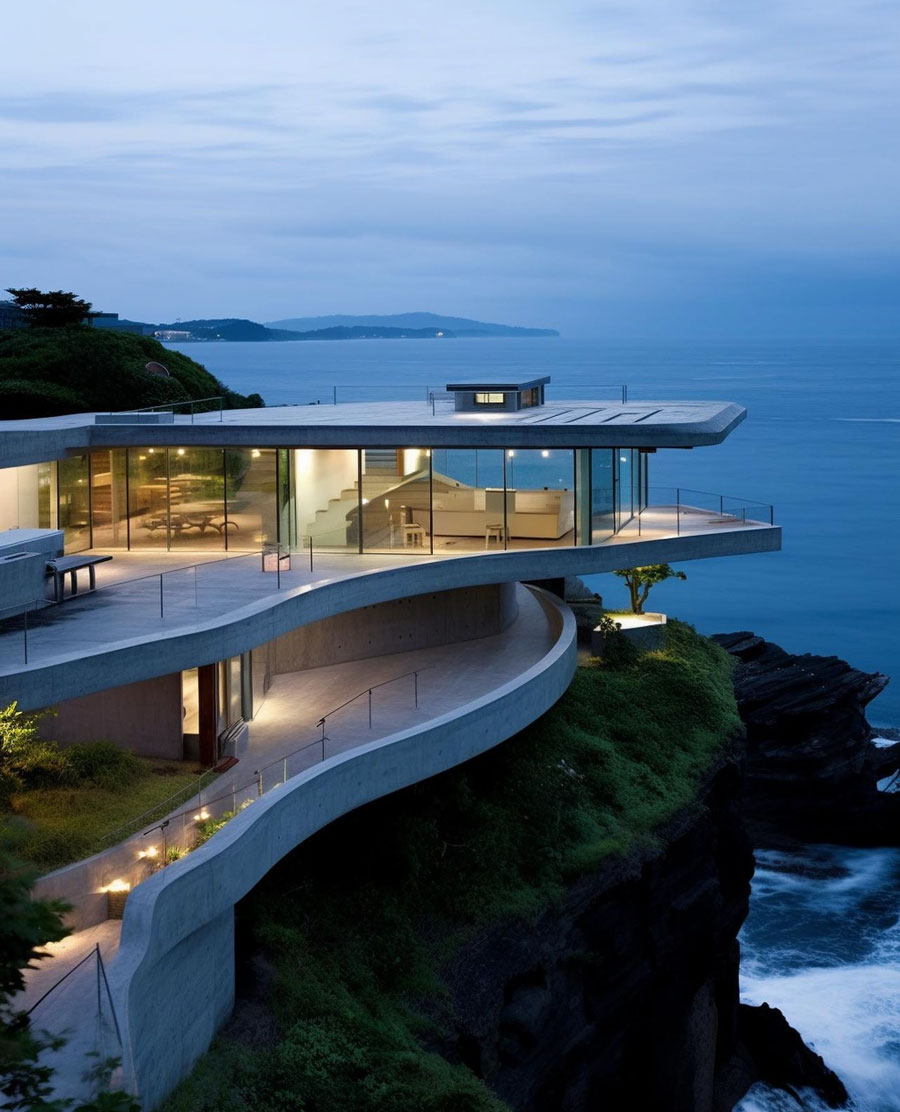 cliffside mansion home exterior view, ocean coastal views