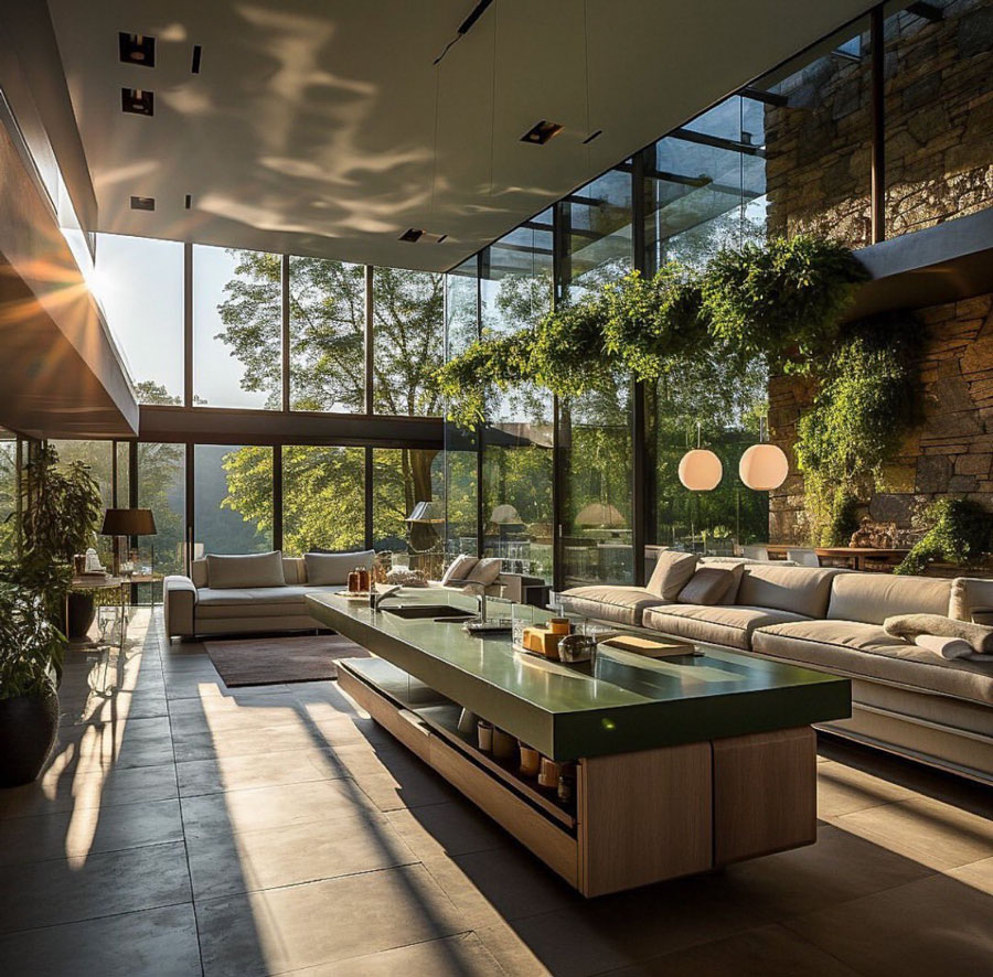 kitchen in rain forest home overlooking outside jungle