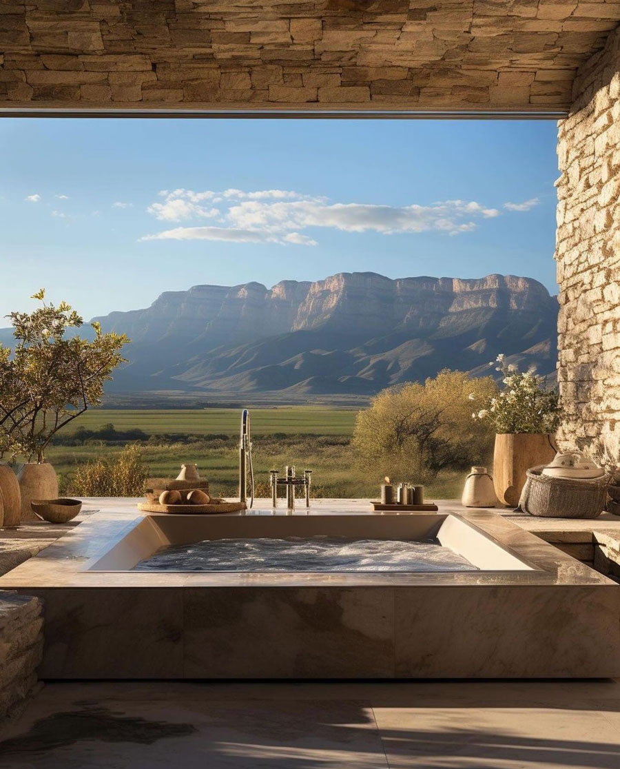 farmhouse bathroom open to the mountains view