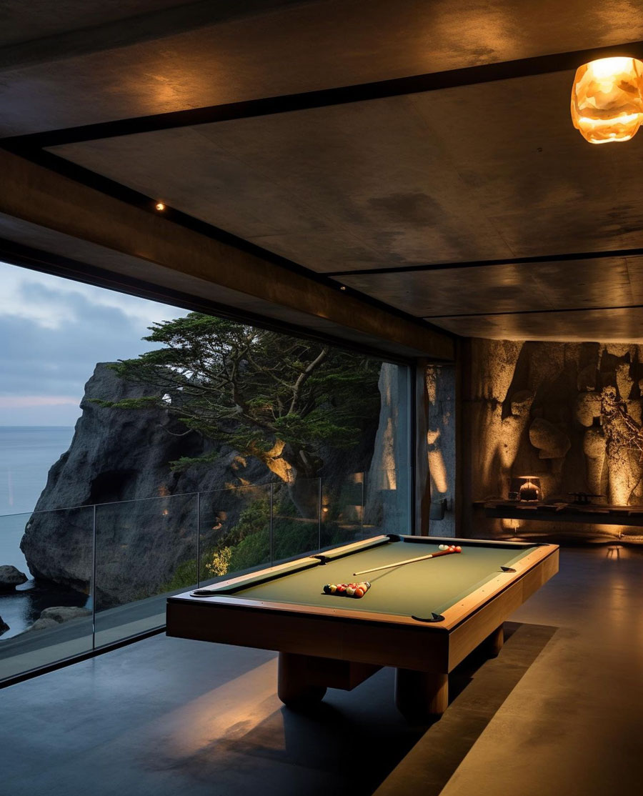 game room, pool table in center of room with stone carved walls