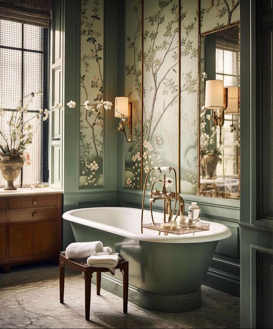 green old bathtub with wall accents