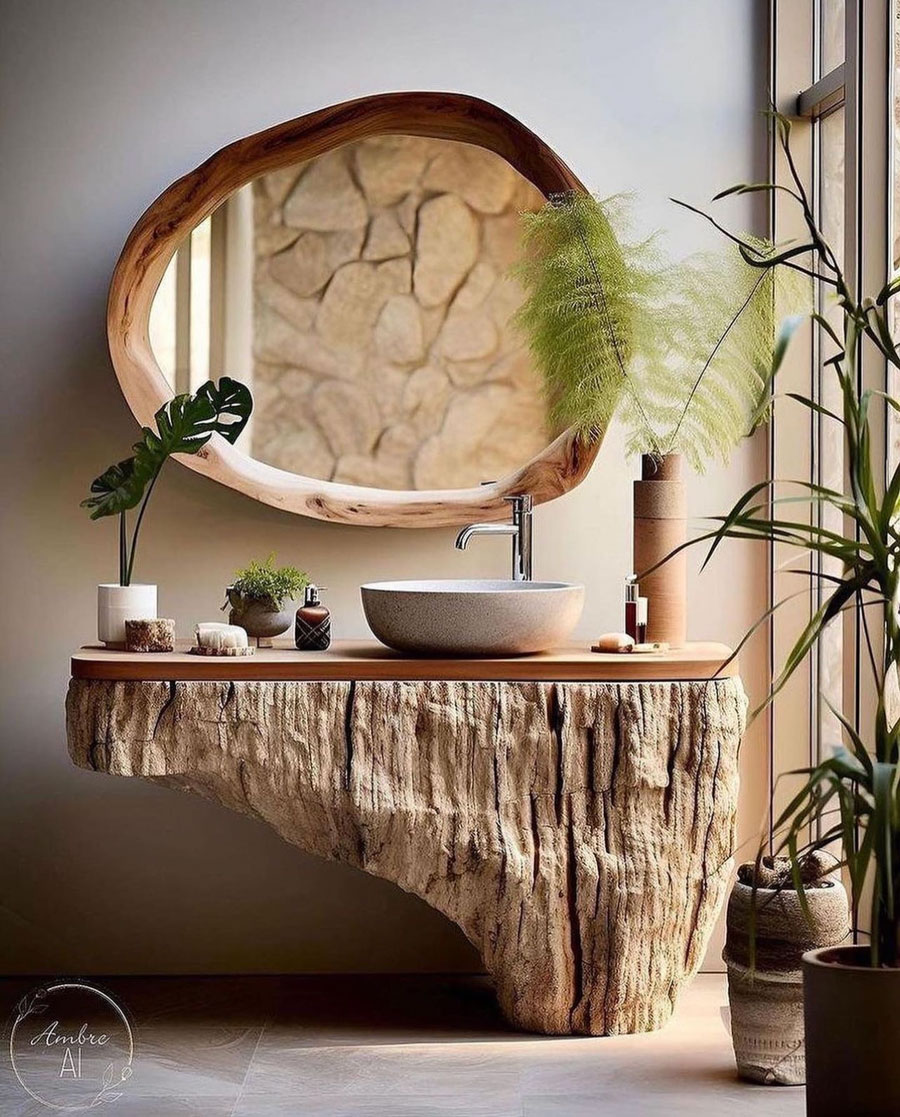 hald wood vanity with stone sink bathroom