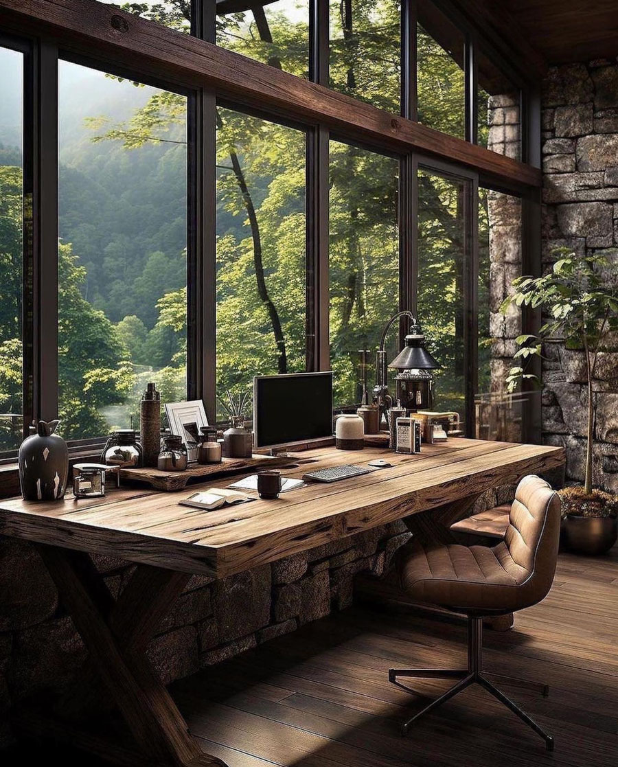 large wooden desk, leather chair overlooking computer