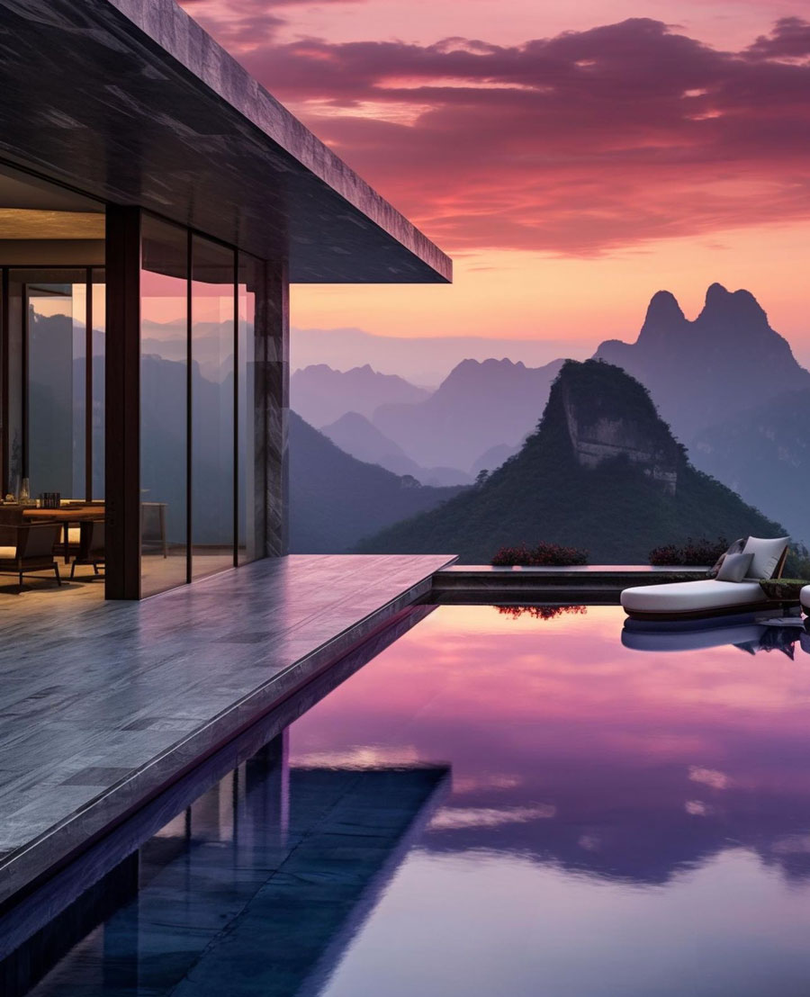 high mountains sunset over swimming pool of modern dream home