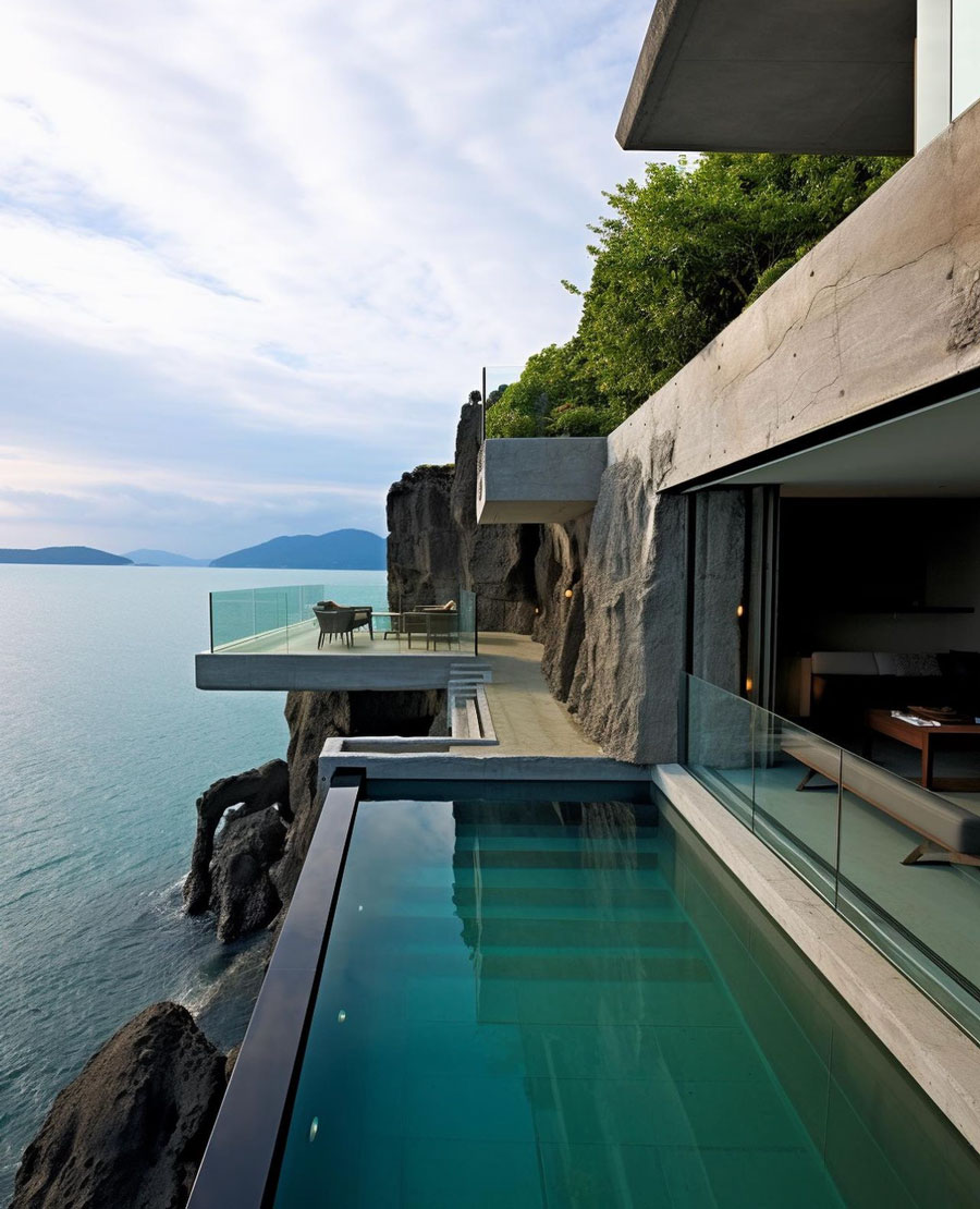 infinity pool, coastal views, outdoor patio