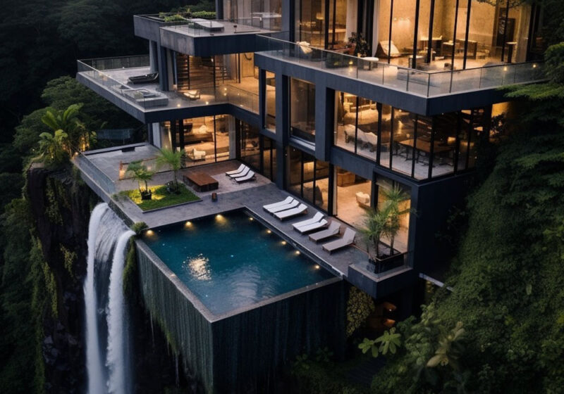 Jungle Retreat Cliffside Home with waterfall pool