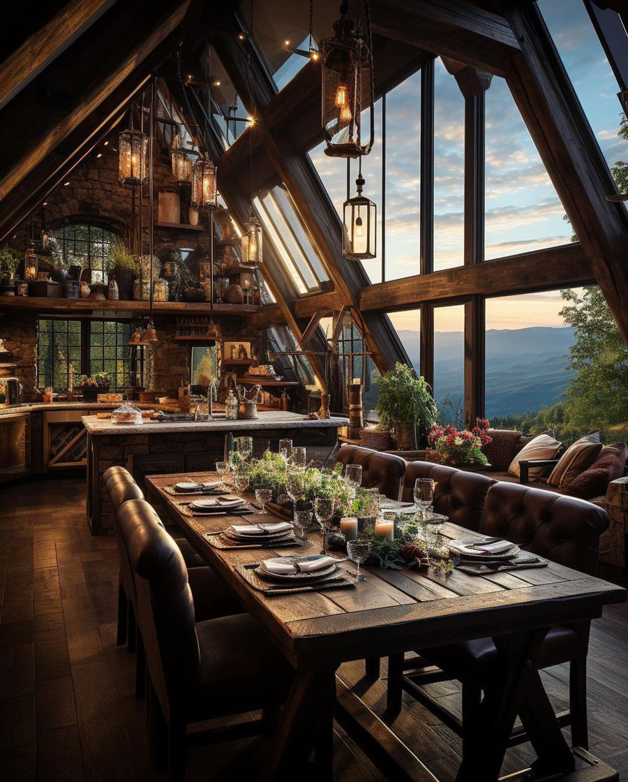 wood dining room table, arch wood beams