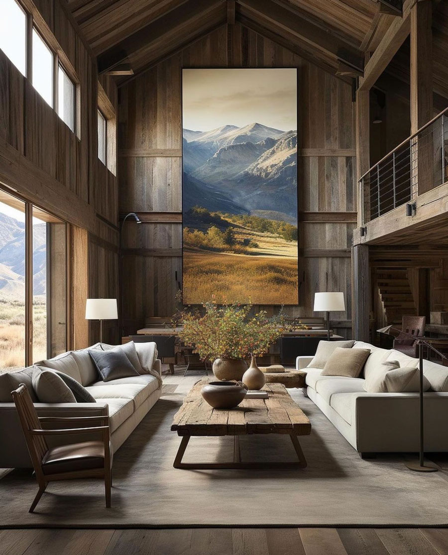 large mountain painting overlooking livingroom